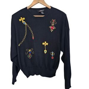 Vintage Floral Sweater Womens XL Black Gold Glam Rock Knit Embellished Holiday